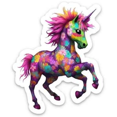 Trippy patchwork Zombie Pegasus unicorn psychedelic flowers floral groovy art neon rave raving sticker