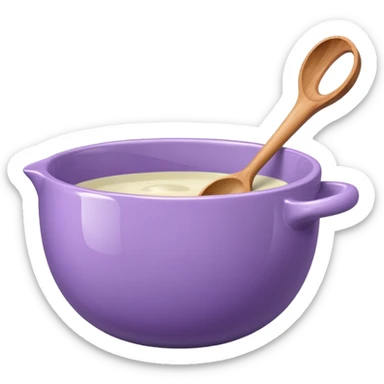 a lilac ceramic mixing bowl with a wooden spoon stirring sticker