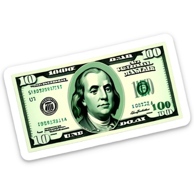 3D realistic US 100 dollar bill sticker, slight perspective, centered, clean cutout, transparent background, no text, no watermark sticker