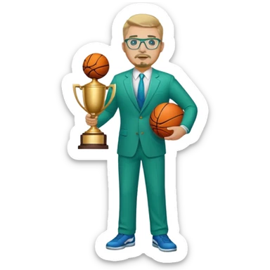 Full Body white fat male  wearing glasses with a goatee with dirty blond very short hair basketball head Coach in blue and green suit holding trophy sticker