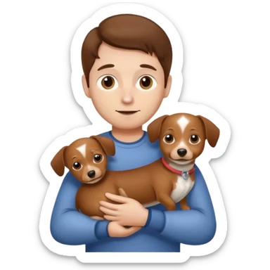 Man with brown hair and white skin carrying a chiweenie sticker