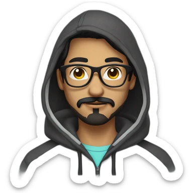 Young man with black hair moustache and beard wearing a hoodie and glasses sticker