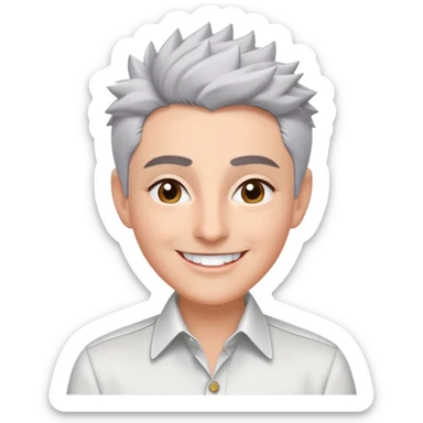 Close-up portrait of Marian Pabón with defined facial structure, light pinkish skin, almond eyes, arched eyebrows, charismatic wide smile, short spiky gray hair, wearing a formal white buttoned shirt sticker