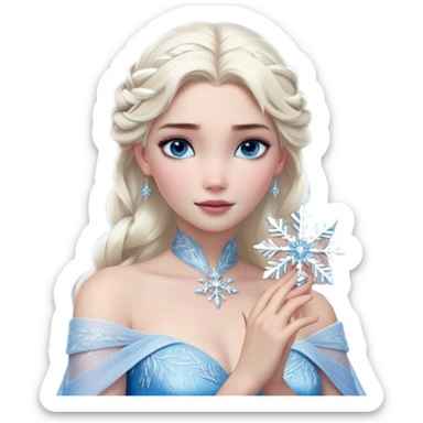 Cinematic Realistic Elsa Portrait, depicted with lifelike skin texture, soft natural lighting, and intricately detailed platinum blonde hair styled elegantly. Her striking, expressive blue eyes exude confidence and grace, complemented by a serene and regal expression. She holds a shimmering snowflake delicately in one hand, her other hand resting against her gown, embodying the power and beauty of winter. She is dressed in her signature icy attire, with shimmering fabric textures and delicate folds that catch the light beautifully. The portrait features a soft, enchanting glow with a cool, radiant finish, capturing the essence of timeless elegance in a realistic and painterly style. sticker