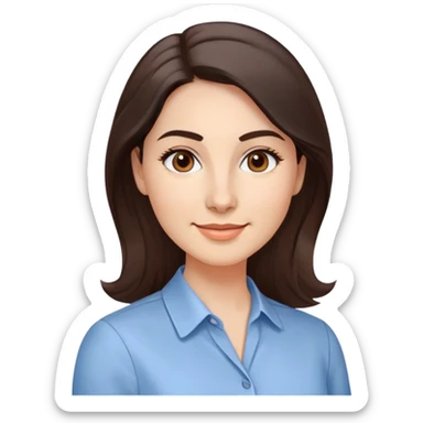 Professional woman in her 30s with light complexion, oval face, gentle features, large dark brown eyes, well-formed medium eyebrows, small nose, warm friendly smile, long slightly wavy dark brown hair with soft volume, wearing a light blue dress shirt sticker