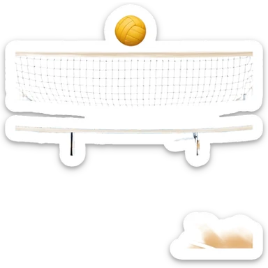 A close-up of a volleyball on the court, with the net in focus and the court markings visible. The background shows the stands filled with spectators, creating an energetic atmosphere of a volleyball match, with attention to detail on the equipment and the surrounding environment. sticker