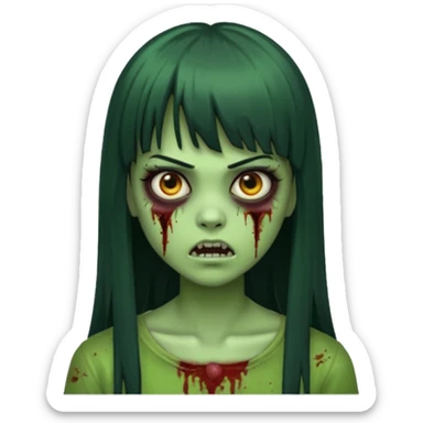 Faça uma menina de cabelo liso preto com franja zumbi cabelo longo 🧟‍♀️ faça ela assim faça ela verde com cara mais assustadora sticker