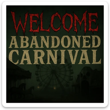 Add the word 'Welcome' in creepy, horror-themed text, integrated into the abandoned carnival banner. The text should have a sinister, eerie style that fits the creepy carnival atmosphere. sticker