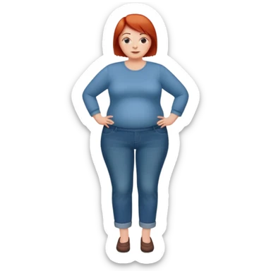 Lazy old Short woman with straight short red hair and fat tummy..wears business casual jeams and full sleeve  tshirt sticker