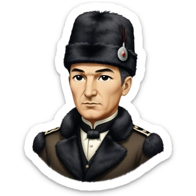 ​Cinematic Realistic Portrait of a Young Mustafa Kemal Atatürk, depicted wearing an iconic tall black fur hat along with traditional attire, his confident, visionary expression illuminated by warm, inspiring lighting, rendered with rich historical textures that capture his youthful dynamism and transformative leadership, sticker