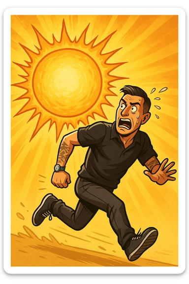Uomo che corre via dal sole spaventato perchè pensa sia nocivo sticker