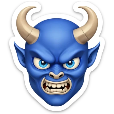 blue demon emoji face with big expressive eyes and curved horns sticker