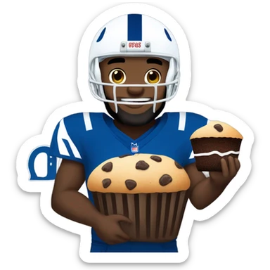 Black man with beard while wearing Colts symboled football helmet eating a chocolate chip muffin sticker
