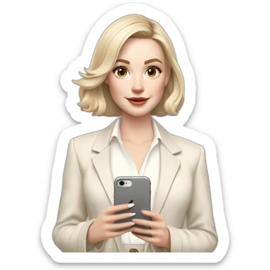 pale skin woman with ash blonde Straightened bob Hair, White Spacious classical jacket, beige palazzo Arrow pants and gray blouse holding white IPhone 14 pro in the hands sticker