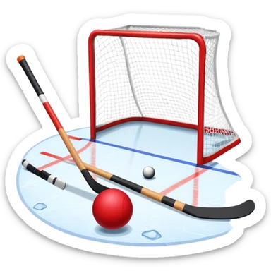 A red ball and hockey stick resting on an ice rink, with the goalposts and clear markings in the background. The scene captures the unique nature of field hockey with a ball on ice, emphasizing the speed and precision of the sport in a cold, competitive atmosphere. sticker
