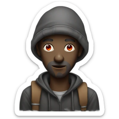 Homeless man with red eyes and a pencil on his hand sticker