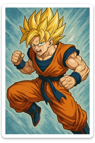 Son Goku, Super Saiyan form, golden spiky hair, blue eyes, orange gi, dynamic pose, anime style sticker