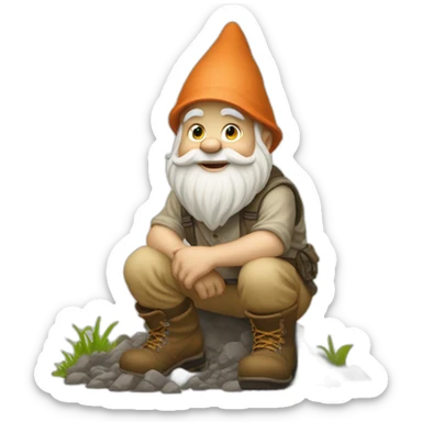 side view of gnome with light tan pants and light tan boots squatting in front of small dirt pile sticker