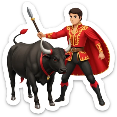 Create a realistic image of a traditional bullfighting scene in a Spanish arena.
Show a bullfighter (matador) HOLDING a red cape (muleta) not wearing one. as a powerful black bull charges toward it. sticker