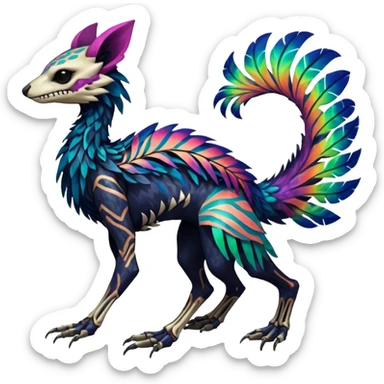 Rare colorful gradients colored realistic dark edgy glossy shiny tropical tribal patterned feathery skeletal badass epic pretty beautiful handsome gorgeous aesthetic colorful vibrant Vernid-Trico-species-Fakemon-creature by LiLaiRa, 4 legs, 1 tail, random markings, (full body) sticker