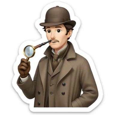 Sherlock Holmes emoji: a detective with a magnifying glass, wearing a deerstalker hat and a long coat, with a pipe in hand, standing in a foggy London street, detailed and expressive, simple yet iconic. sticker