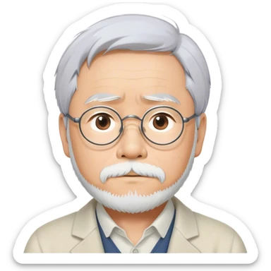 Cinematic Realistic Hayao Miyazaki Portrait Emoji, depicted as a visionary filmmaker with a gentle imaginative expression and artistic flair, rendered with delicate textures and soft enchanting lighting that captures his legendary storytelling. sticker