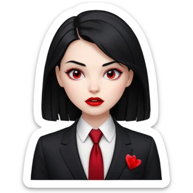 {
      "type": "human",
      "look": "femal modern vampire, slick hairstyle, dark suit, loosened tie",
      "description": "a modern vampire with a slick hairstyle in a dark suit and loosened tie"
    } sticker