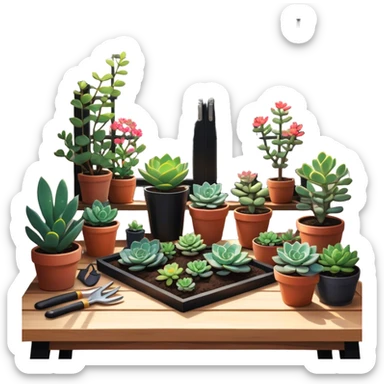 Close-up of a potted sapling with vibrant flowering plants around it, in rich soil. Sunlight filters through the window, casting soft shadows. Cozy indoor garden with blooming flowers, succulents, and gardening tools placed neatly on a wooden table. sticker