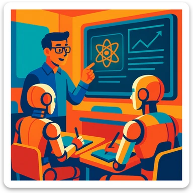 A futuristic classroom scene with a human teacher pointing at a holographic blackboard while androids take notes sticker