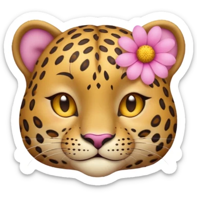 A cutE leopard face with eyes closed and a peaceful smile. A pink flower with a yellow center is tucked behind its right ear, adding a charming and gentle touch.  sticker
