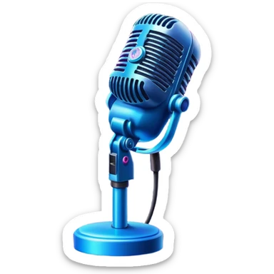 Create a vibrant and dramatic emoji that represents pop stage performance, focusing on the equipment and stage atmosphere. The design should feature a close-up of a professional stage microphone, shining brightly with sparkling details. In the background, show a part of the stage with dramatic stage lighting, illuminated with colorful spotlights and a festive firework-like salute or confetti to convey the energetic atmosphere of a live performance. Use neon colors like electric blue, pink, and silver to highlight the glamour and excitement of the stage. The background should be transparent. sticker