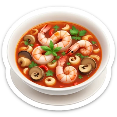 Cinematic Realistic Tom Yam Kung Soup Dish Emoji, showcasing a spicy, sour shrimp soup with herbs and mushrooms rendered with lifelike textures and bold, dynamic lighting. sticker