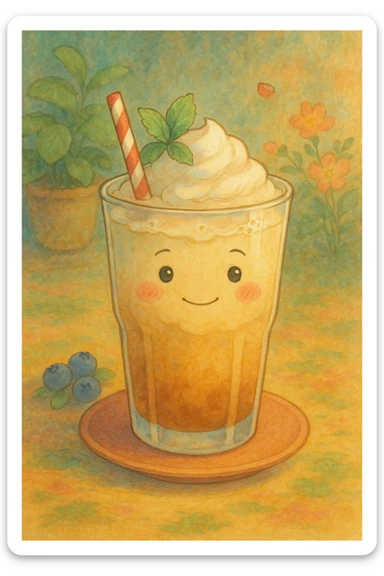 ghibli style drink with a gentle face and dreamy colors sticker
