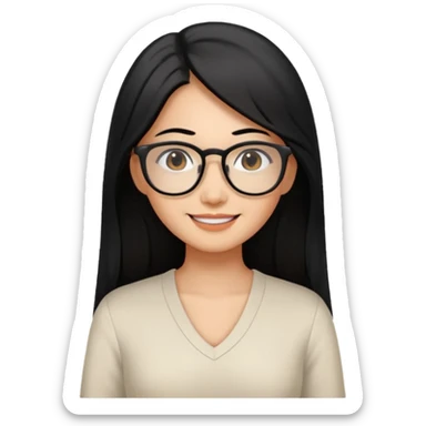 medium tan asian woman with long black hair past middle of back, round brown eyes, white v neck blouse. she has black thick frame rectangular glasses on and smilling sticker