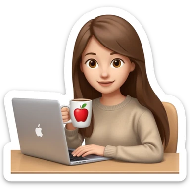 young woman, 20 years old, long straight brown hair, wearing a sweater, coffee mug beside laptop, cheerful, 3D Apple emoji style sticker