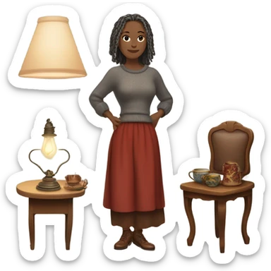 1st fair woman with gray locs, wearing pants , 2nd woman is brown with red locs, dressed in a knee-length dress with a cozy sweater, looking at antique items, such as a vintage lamp or an old teacup, with a table full of trinkets in the background sticker