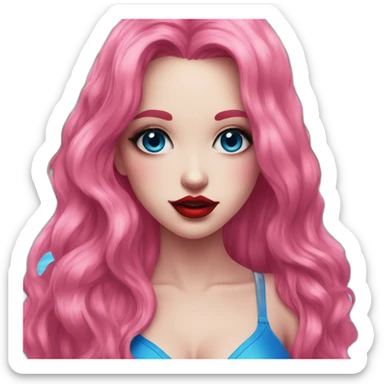 In front of swimming pools Robot young woman with this style : gothic Pin-Up pink eyes red mouth blue and long hair sticker