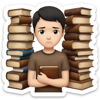 generate a pretty bratz fair skinned boy with short black hair wearing a brown tshirt surrounded by books n looking very sad sticker