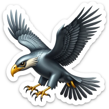 Emoji-style icon of a large metallic predatory bird flying, sharp wings, steel texture, dramatic pose, no gold sticker