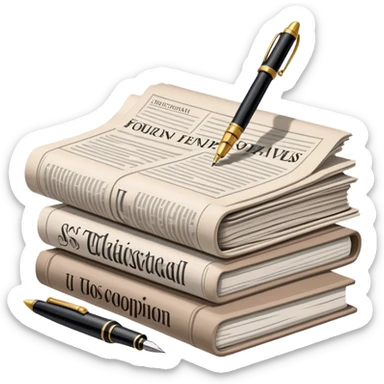 Create an emoji representing journalism and publicistic writing. The design should feature a stack of newspapers, an open notebook with visible text, and a single fountain pen placed near the notebook, symbolizing the act of writing. Use neutral, professional colors like black, white, and muted tones to convey a sense of seriousness and intellect. Do not include any emojis or smiley faces. Make the background transparent. sticker