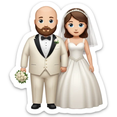 blue-eyed overweight bald man with a beard in a tux and brunette brown-eyed bride sticker