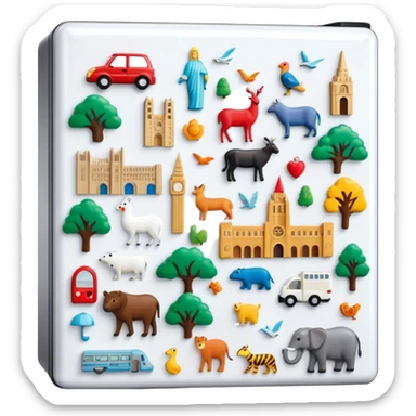 Icon for Magnet Collecting: a close-up of a fridge door covered with a variety of magnets, featuring cities, animals, symbols. The icon should highlight the diversity and charm of magnet collections. Transparent background. sticker
