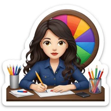 female dark wavy long hair graphic designer , big color wheel behind , pens, papers, desktop sticker