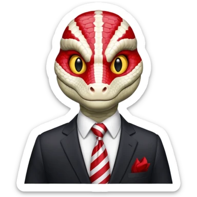 A reptilian humanoid dressing a suit, striped red and white tie, human emoji style, his face is seriously, his eyes is similar to real viper snake eye sticker
