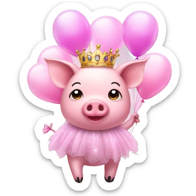 Pink pig in tutu and tiara with balloons  sticker