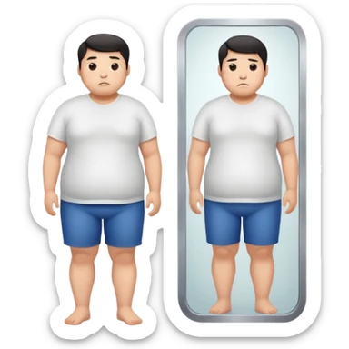 A young Asian guy looks sadly at his overweight body in the full-length mirror. sticker