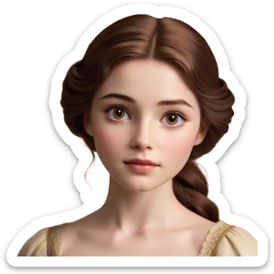 Cinematic Realistic Belle Portrait, depicted with lifelike skin texture, soft natural lighting, and intricately detailed brown hair styled elegantly. Her deep, expressive eyes exude warmth and intelligence, complemented by a serene and graceful expression. She is dressed in her classic attire, with rich fabric textures and delicate folds that catch the light beautifully. The portrait features a soft, enchanting glow with a natural, radiant finish, capturing the essence of timeless beauty in a realistic and painterly style, evoking a sense of depth and authenticity. sticker