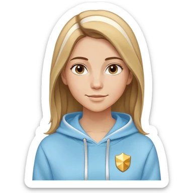 Woman with predominantly brown hair with blonde highlights, straight with side part, serene smile, dreamy eyes, wearing a light blue fantasy-sporty hoodie with golden and white details sticker