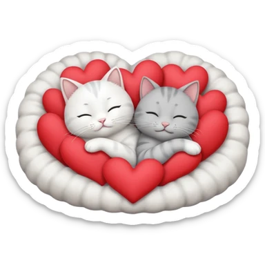 White cat and gray cat sleeping together in a bed full of hearts sticker