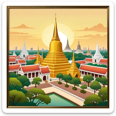 ​Cinematic Realistic Nakhon Pathom, Thailand, depicted as a historic cityscape dominated by the iconic Phra Pathom Chedi, surrounded by lush gardens, bustling local markets, and traditional Thai architecture, bathed in warm golden light and rendered with rich textures that capture its cultural and historical significance, sticker